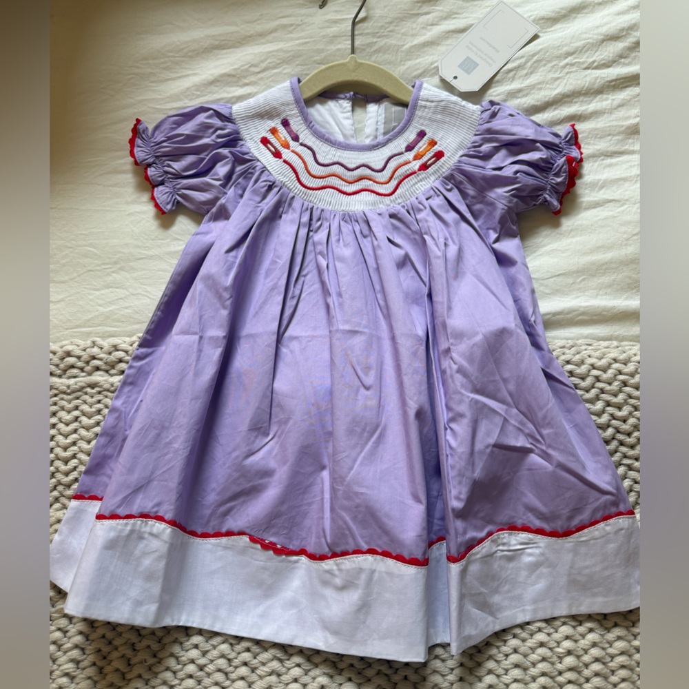 Lil Cactus Lavender Smocked Dress w Multicolor Embroidery Crayon Design 12-18m